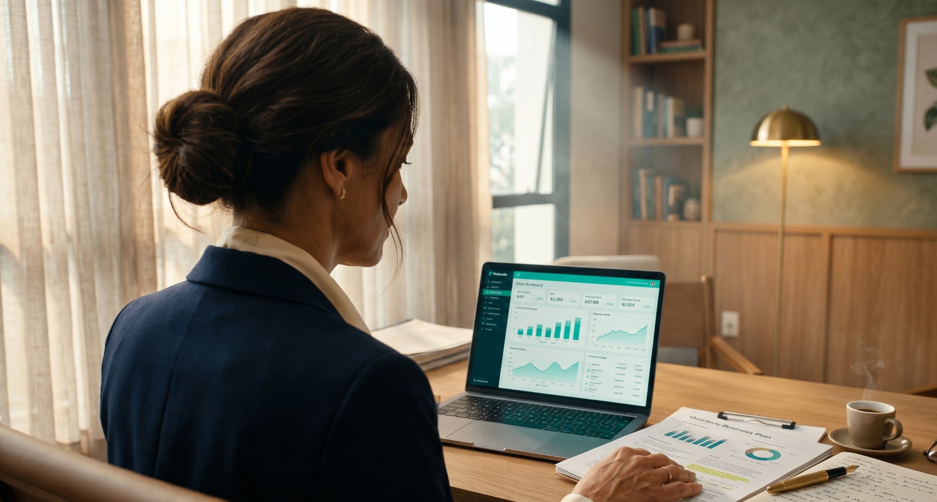 Médica empreendedora analisando dashboard de gestão da clínica em notebook, com plano de negócios trimestral aberto sobre a mesa em home office acolhedor.