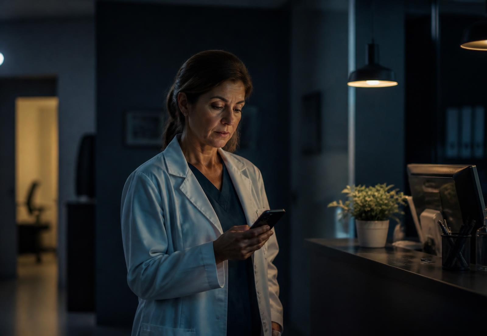 Dona de clínica revisando a operação comercial de atendimento fora do horário de atendimento