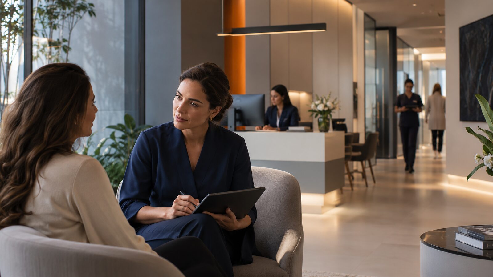Atendimento humano em primeiro plano enquanto a estrutura que sustenta a operação permanece discreta ao fundo.