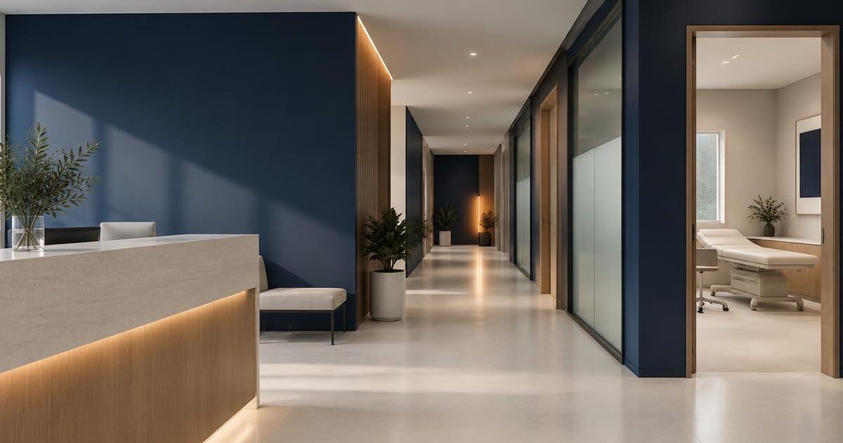 Corredor de uma clínica em meia-luz, do piso de recepção até a porta de um consultório aberto